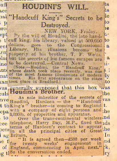 Houdini’s Will. “Handcuff King’s” Secrets to be Destroyed.